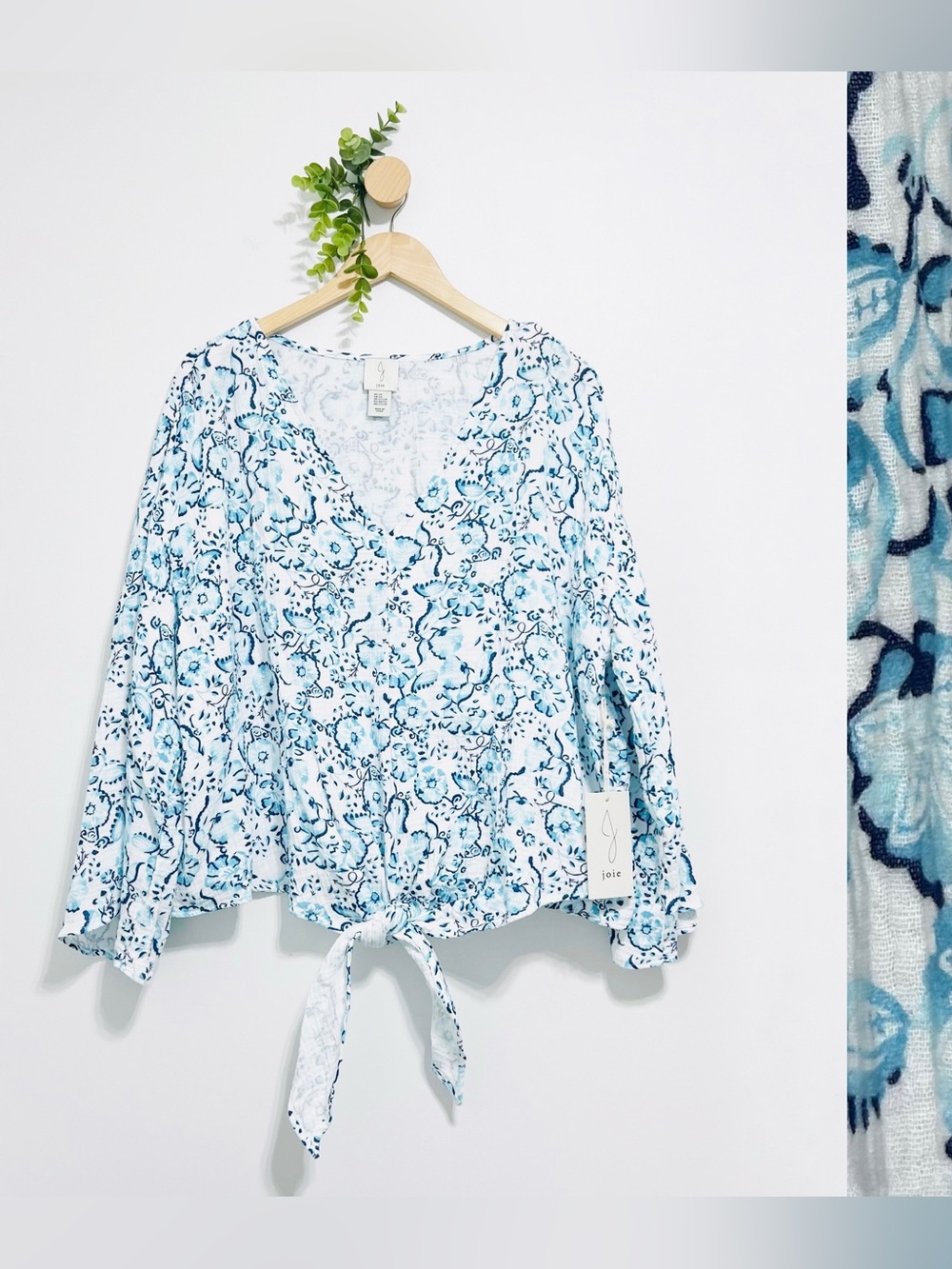Joie NWT Blue White 100% Cotton Floral Boho Summer Blouse